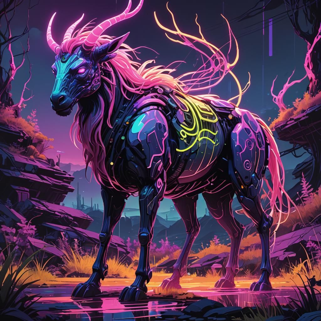 Glowing Mythical Creature in a Vibrant, Neon-Drenched Landsc...
