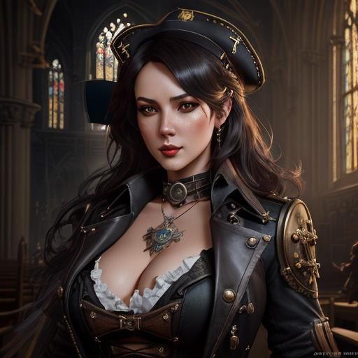 Steampunk Pirate Maiden on Gothic Church Belfry