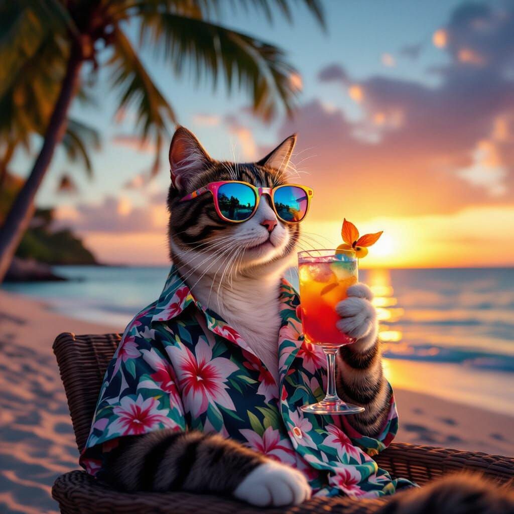 Cat Sipping Cocktail on Tropical Beach at Sunset