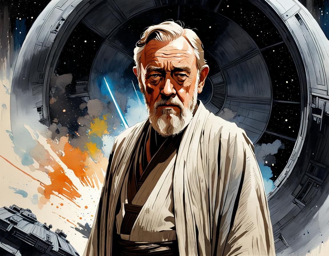 Surreal Watercolor Portrait of Old Obi-Wan Kenobi in Muted E...