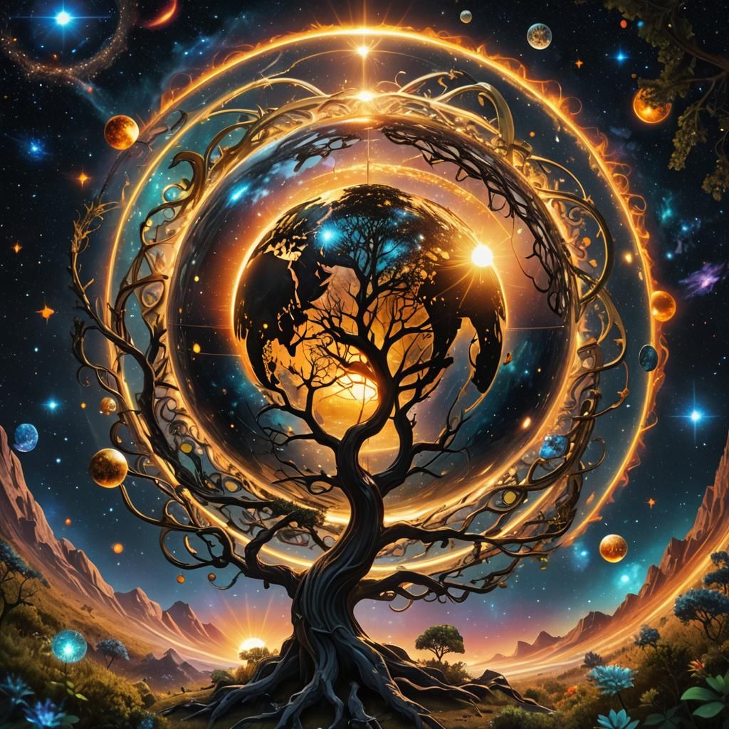 Surreal Cosmic Scene with Burning Sun and Tree in a Black Ho...