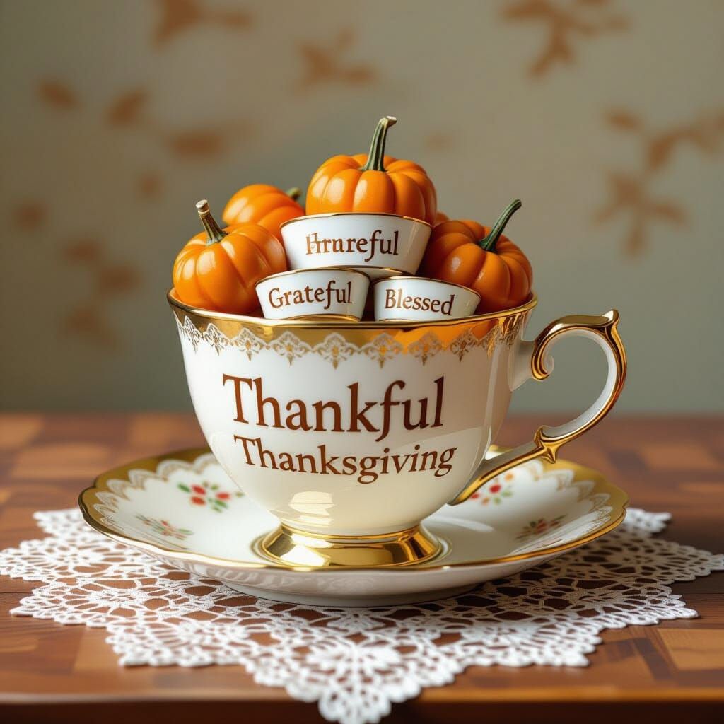 Cubist Teacup Overflowing with Gratitude Words