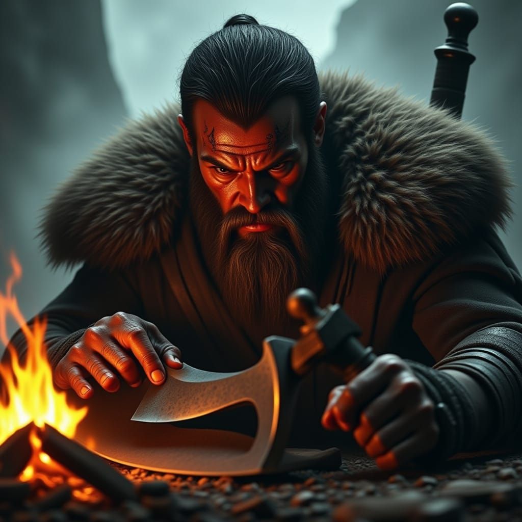 Viking Warrior Sharpens Axe by Campfire in Misty Landscape