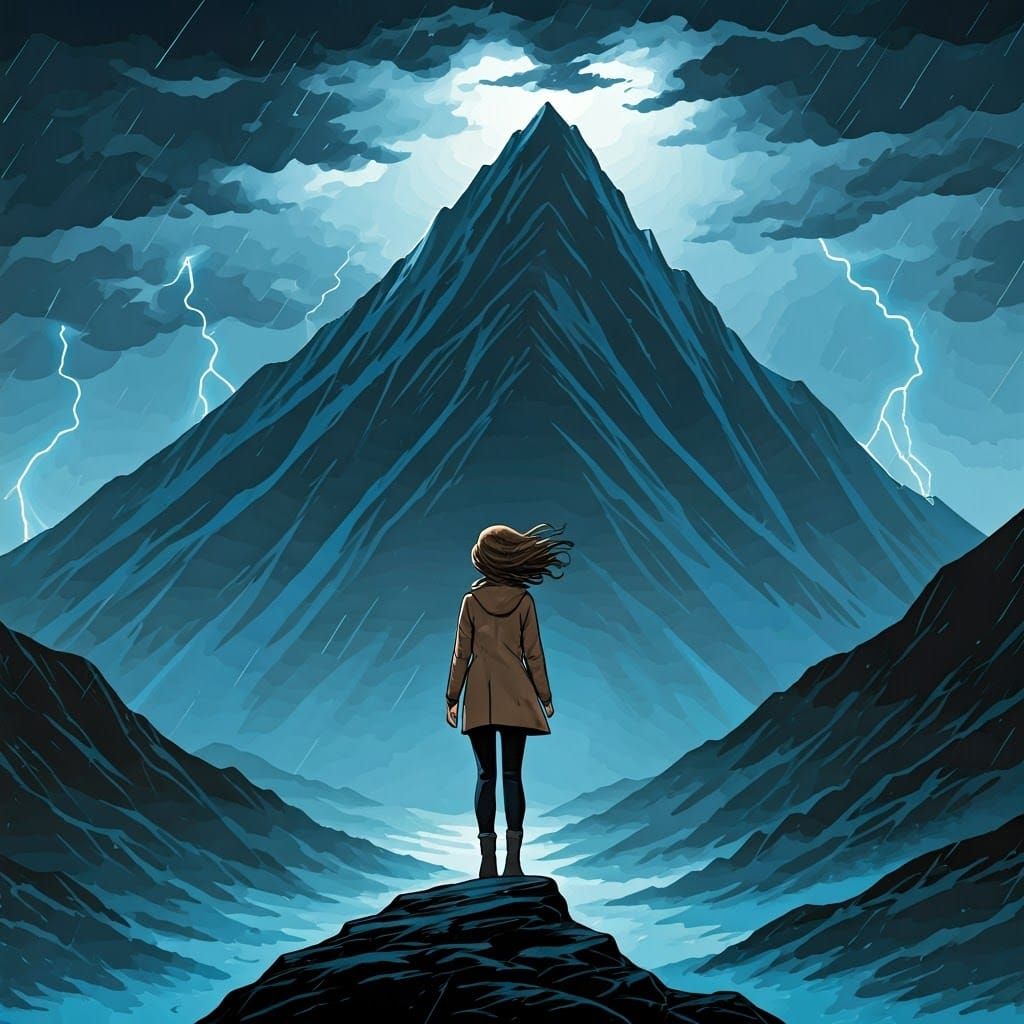 Wild Stormy Landscape with a Girl in a Turbulent Atmosphere