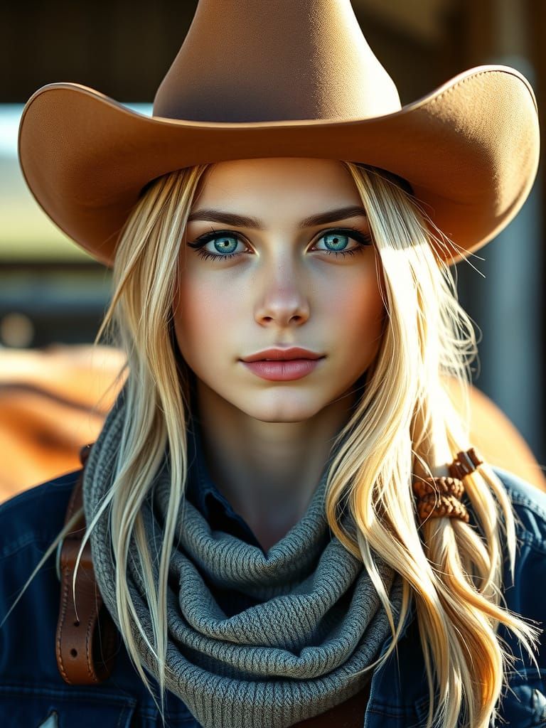 Blonde Cowgirl Portrait with Blue Eyes