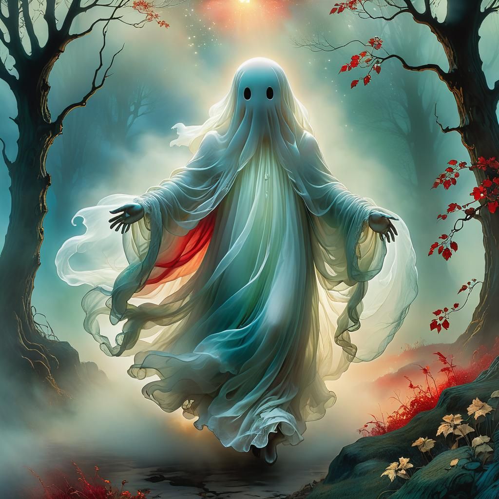 Whimsical Fantasy Ghost in Misted Sunrise