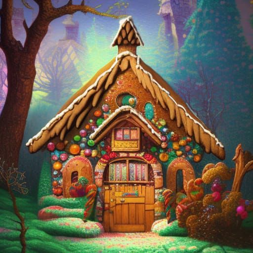 Gingerbread House with Witch in Ethereal Style