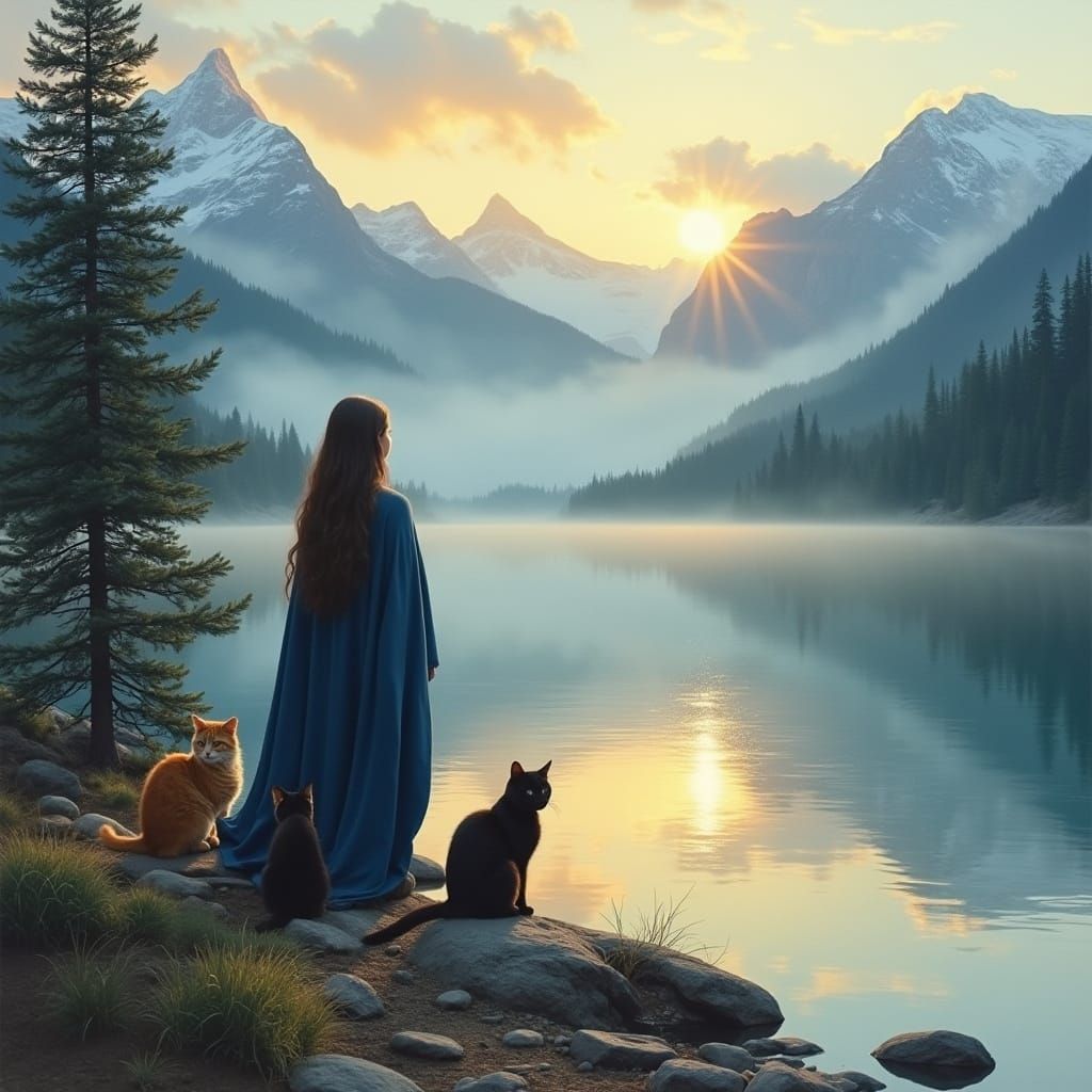 Woman and Cats by Serene Mountain Lake at Dawn