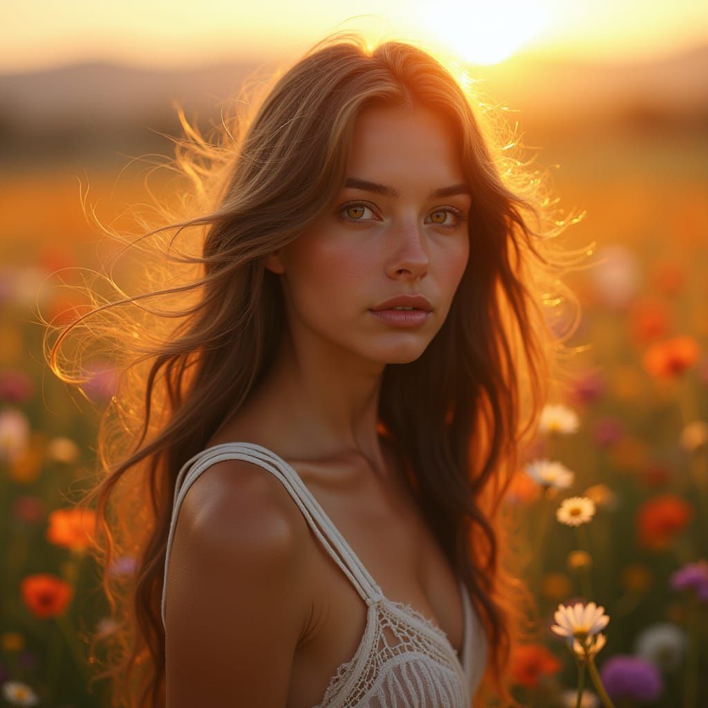 Woman in Wildflower Field at Sunset