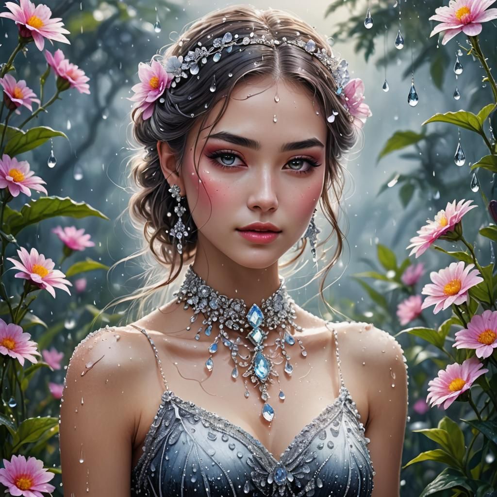 Beautiful young girl wearing a dress of crystal clear dew drops, necklace made up of dew drops, surrounding garden of  f...