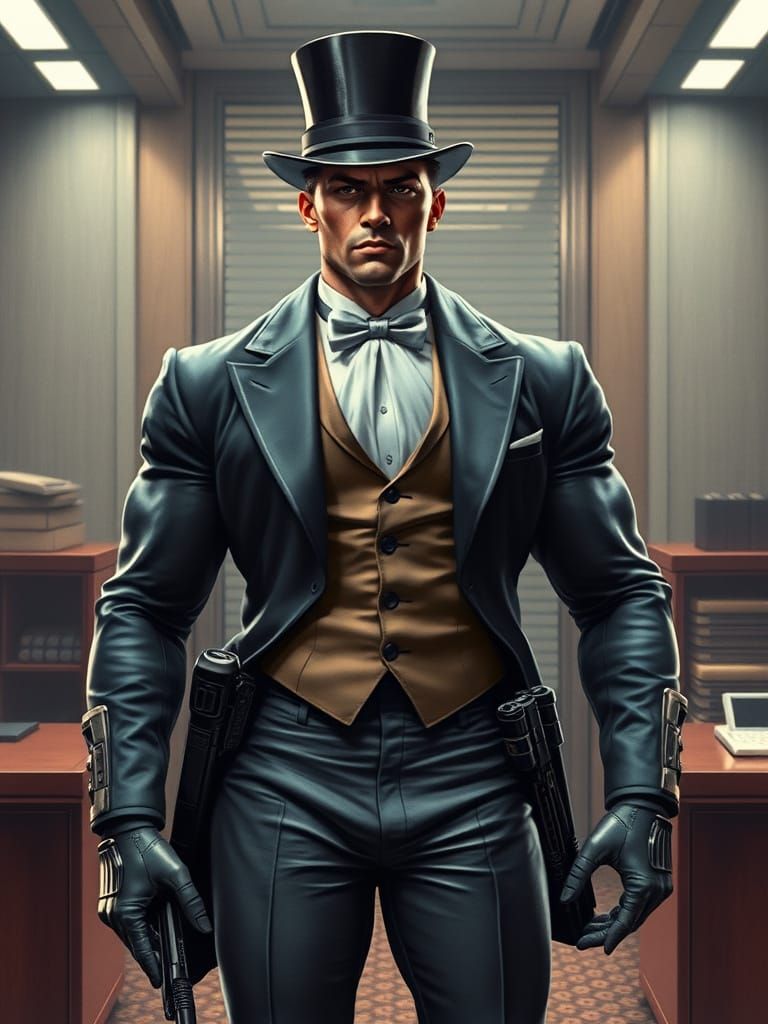 Hyper-Muscular Cop Exuding Refined Elegance in Cyberpunk Sty...