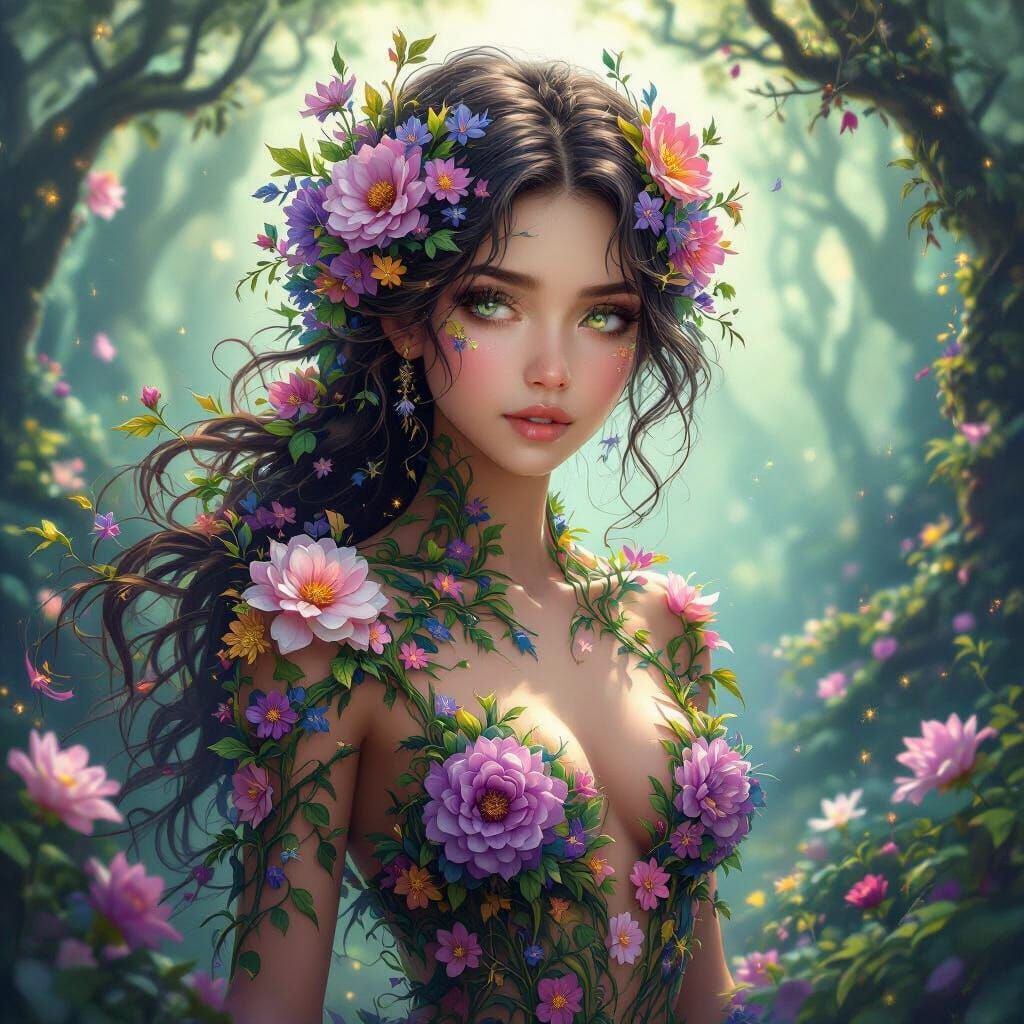 Fantasy Woman Made of Flowers in Luminous Forest
