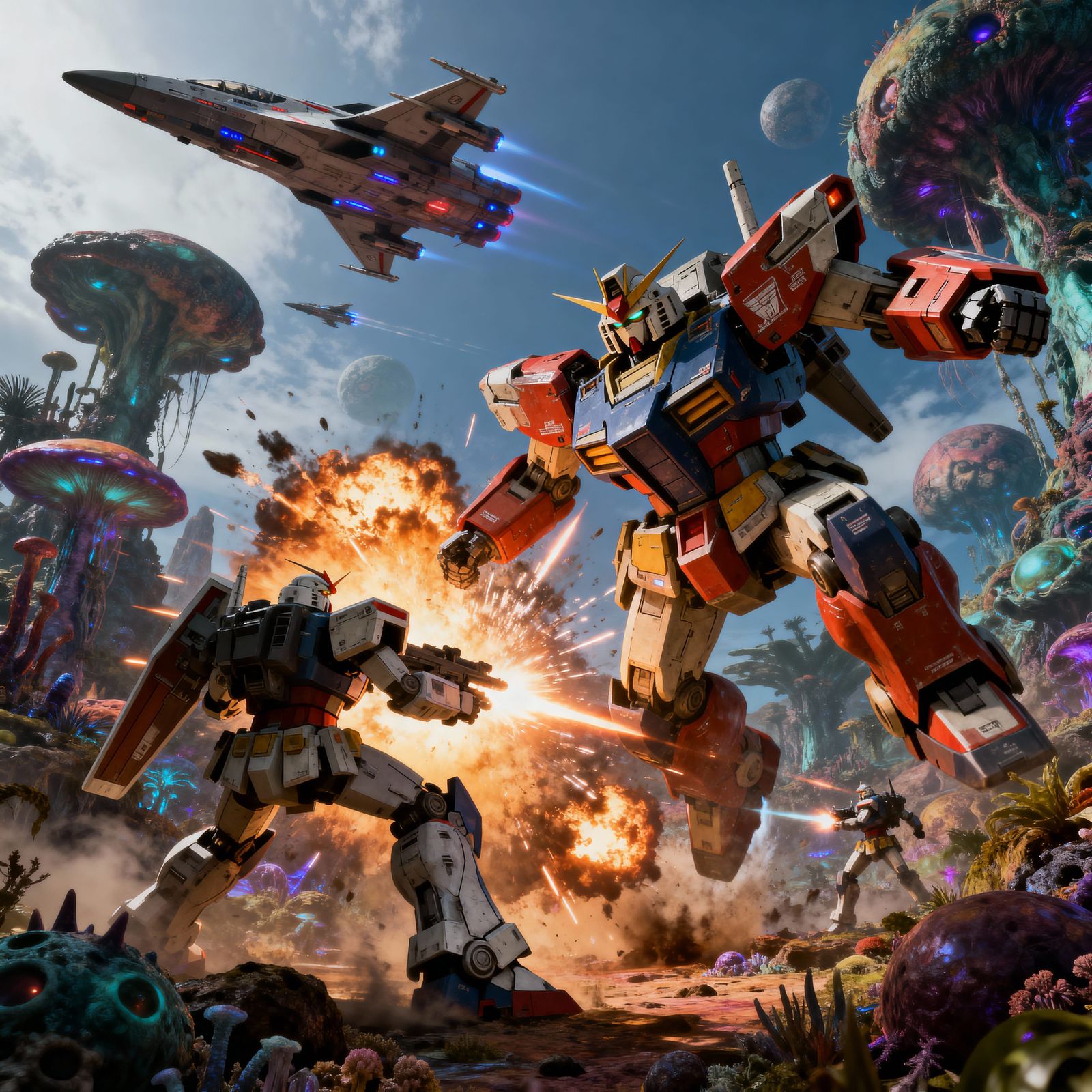 Surrealist Mechs Battle in Alien Landscape