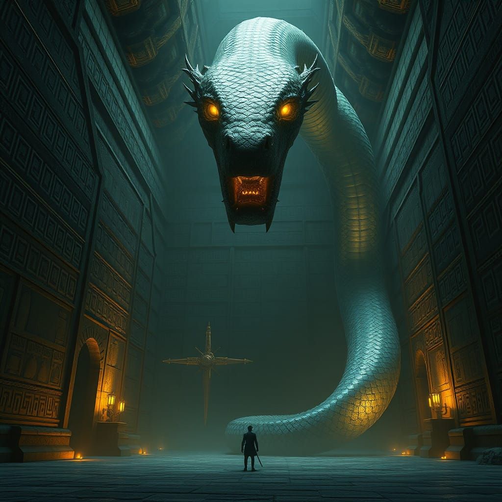 Ancient Stone Chamber with Metallic Serpent