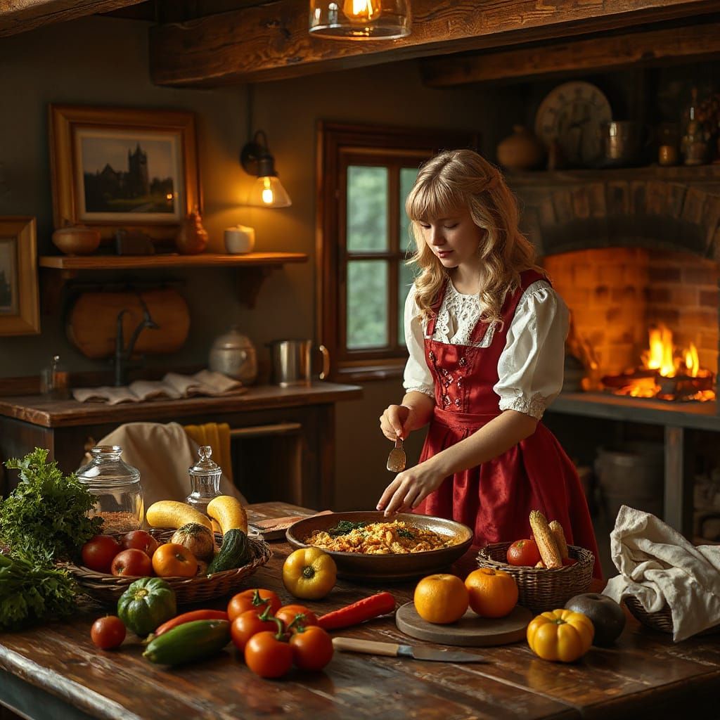Medieval Kitchen Scene in Kinkade Style