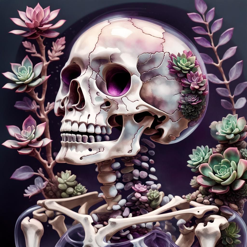 Surreal Skeleton in Glass Skull with Succulents and Peonies,...