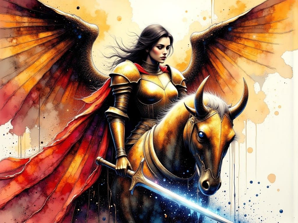Ethereal Female Knight in Divine Armor on Winged Griffin