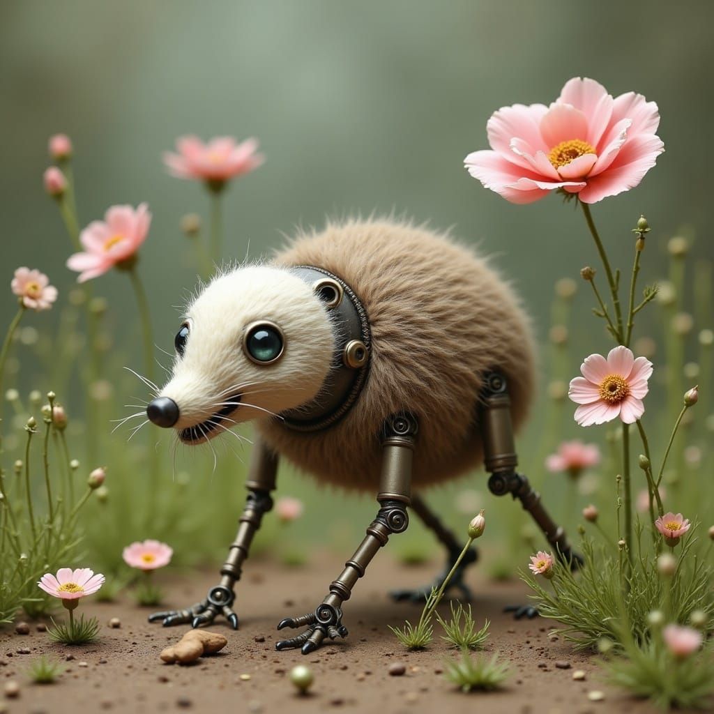 Cute Surreal Robot Strolls Through Metallic Garden