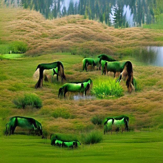 Wild Horses Roam in a Serene Green Meadow