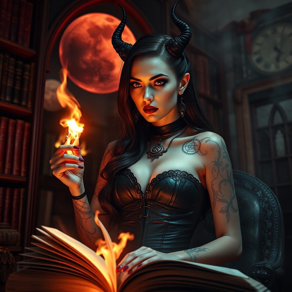 Vampire Sorceress in Gothic Library Under Blood Moon