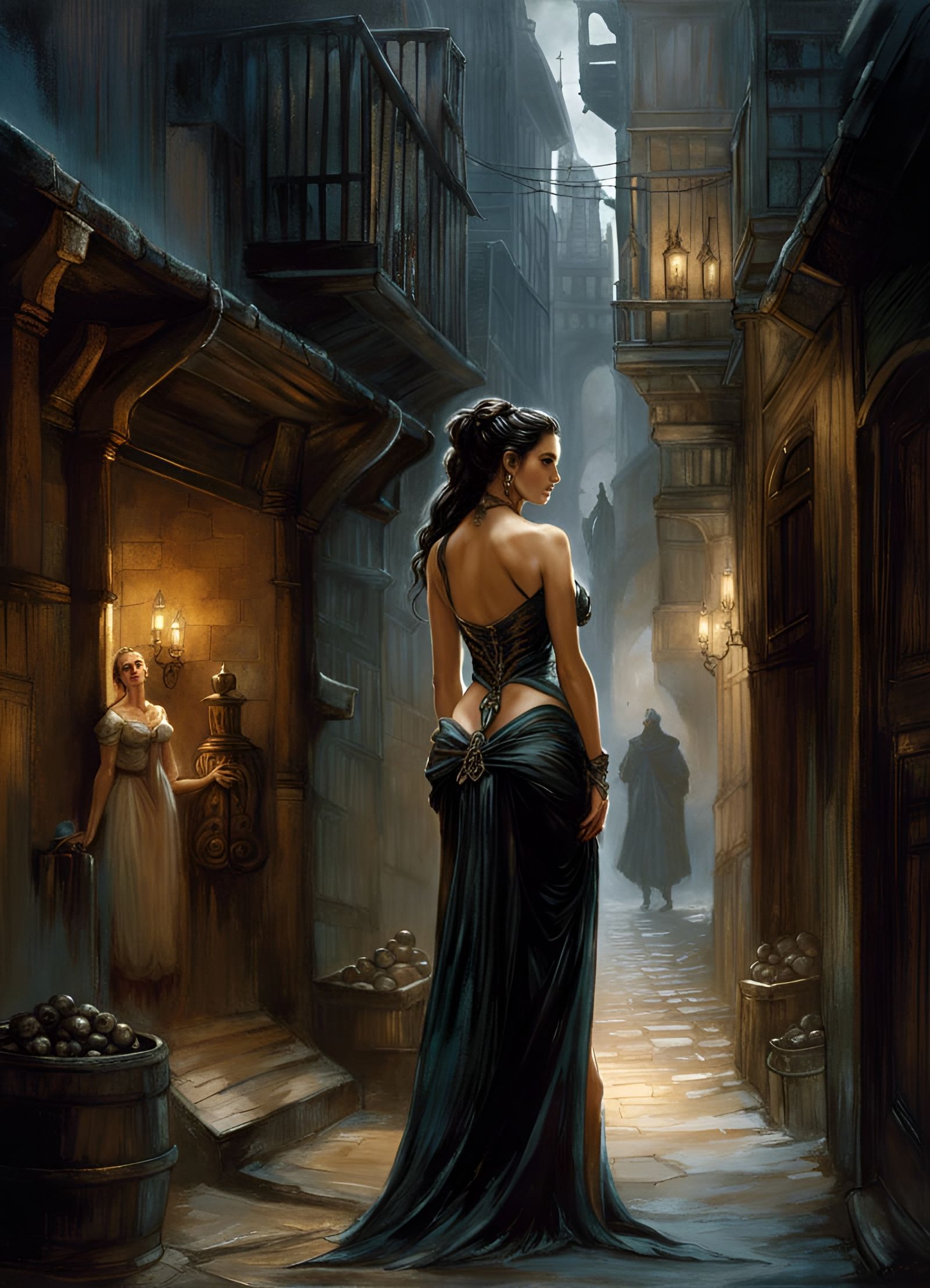 Dark Fantasy Scene of a Lusty Woman Backstabbing a Merchant....