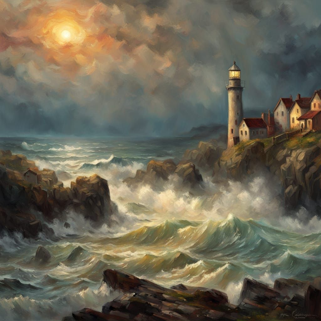 Impressionist Coastal Village at Dusk with Lighthouse