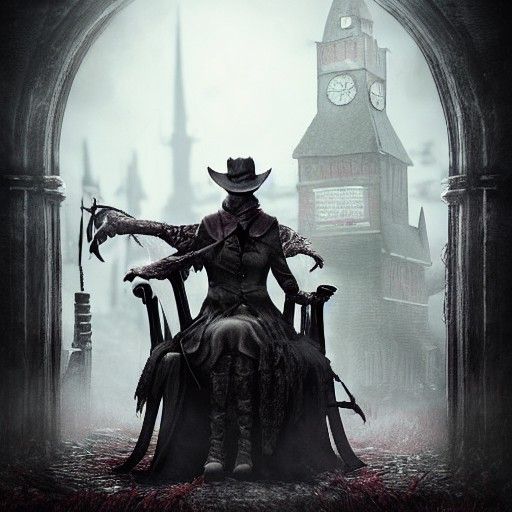 Gothic Huntress in Elegant Hunter's Attire with Clocktower