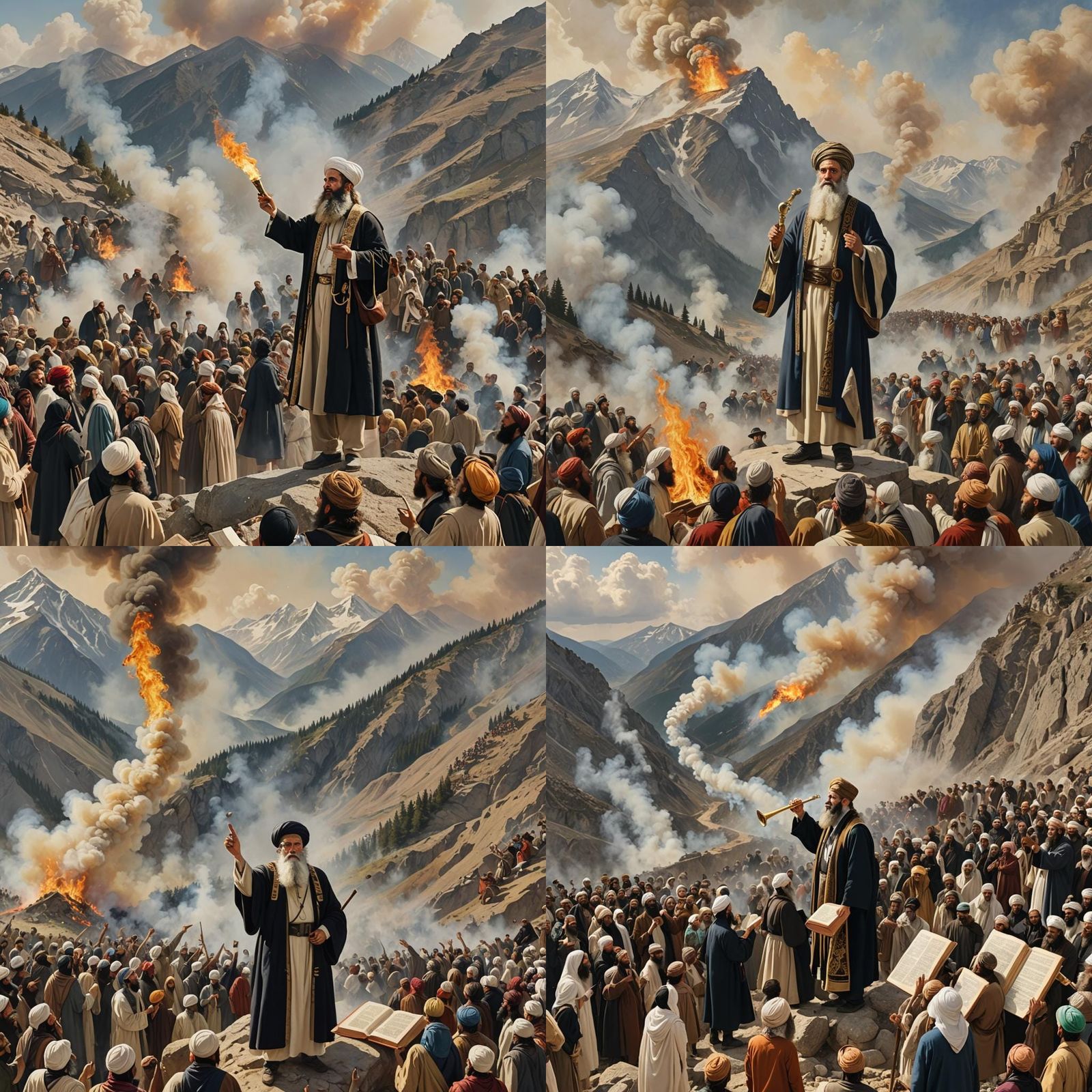 Dramatic Scene of Rabbi Shech on Burning Mountain with Book...