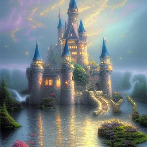 Ethereal Fantasy Castle Floating Among Whispers of Misty Twi...