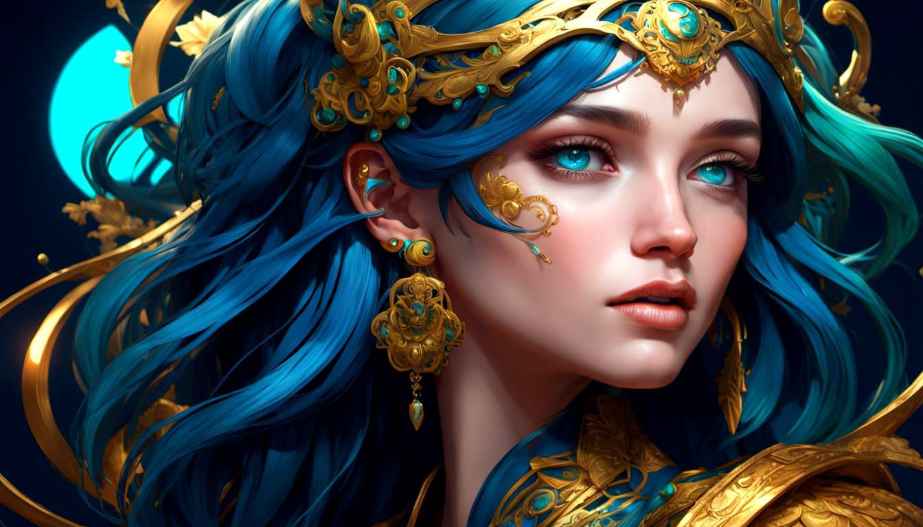 Mystical Woman Portrait with Blue and Gold Intricate Designs