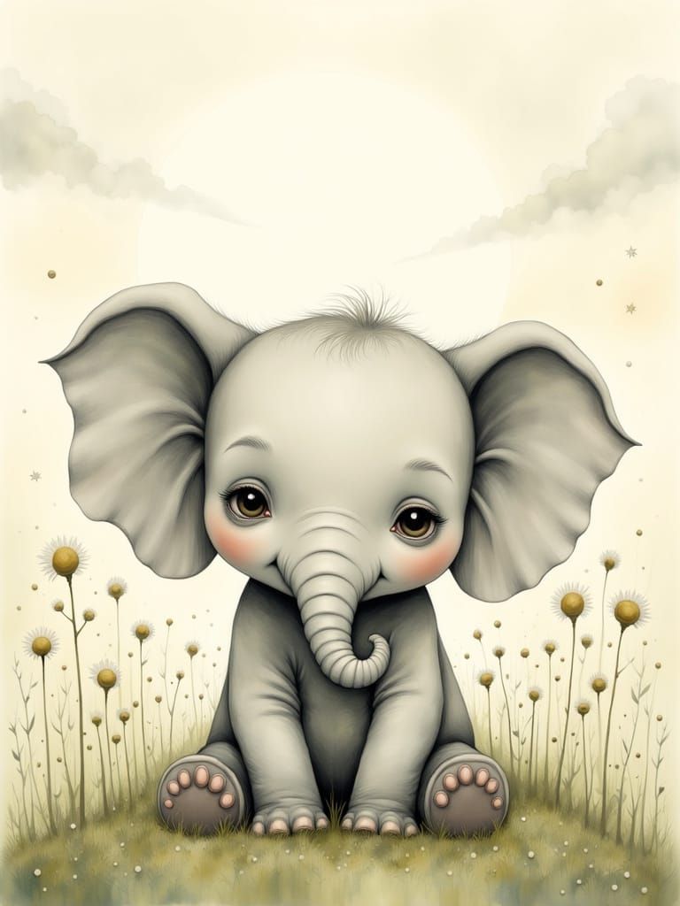 Baby Elephant with Daisy in Children's Illustration Style
