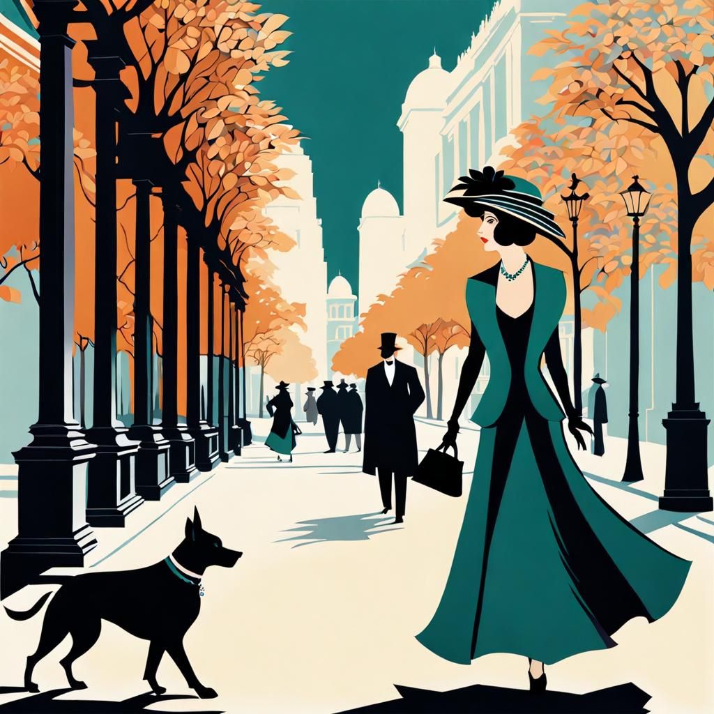 Flapper Woman Strolls with Aristocratic Dog in Art Nouveau P...