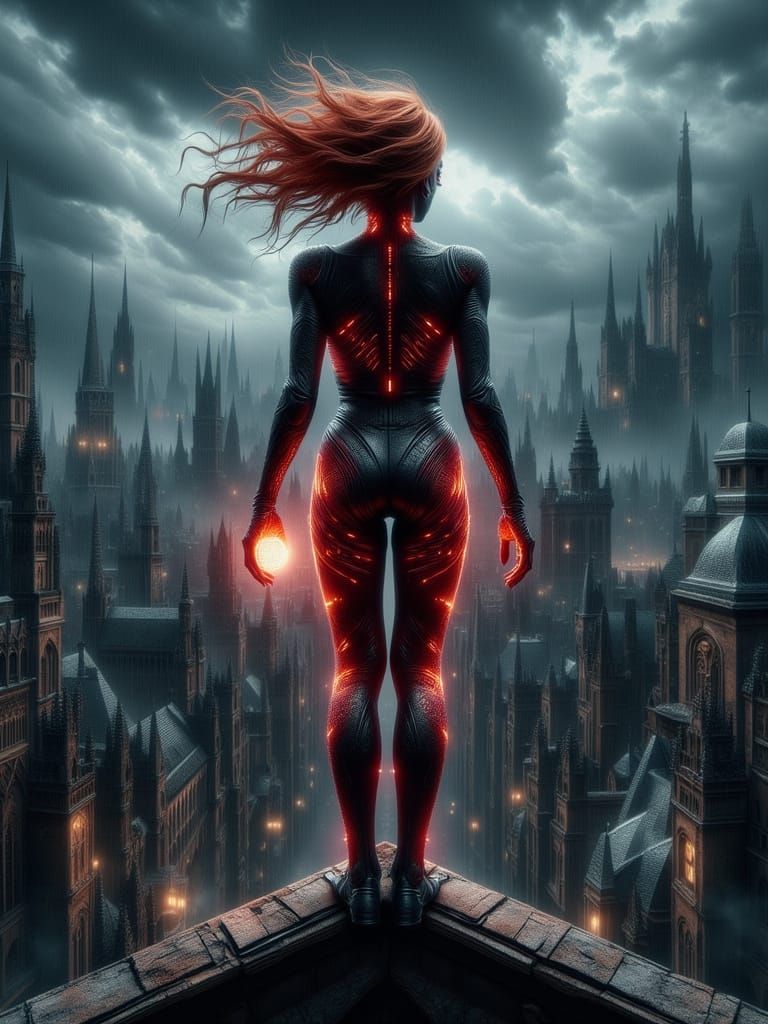 Woman on Cathedral in Dark Fantasy Style