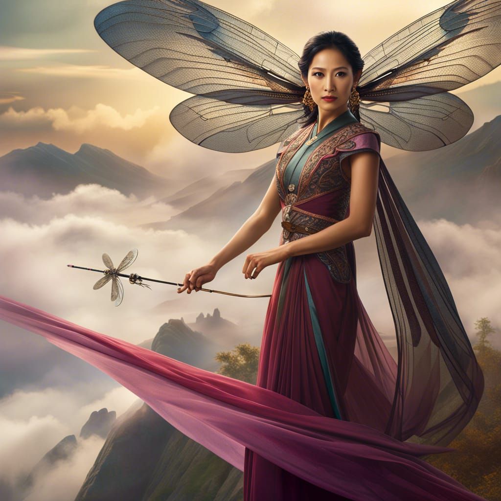Mystical Pan-Asian Goddess with Dragonfly Wings in Epic Digi...