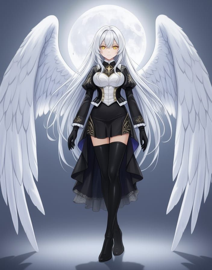 Elegant Angel Gabriel with White Hair and Moon Glow