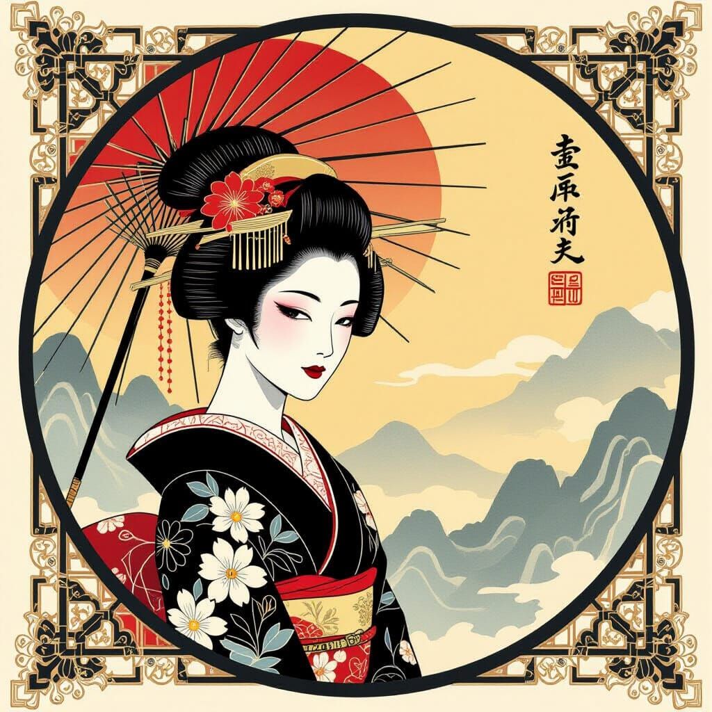 Japanese Ink Painting in Art Deco Style