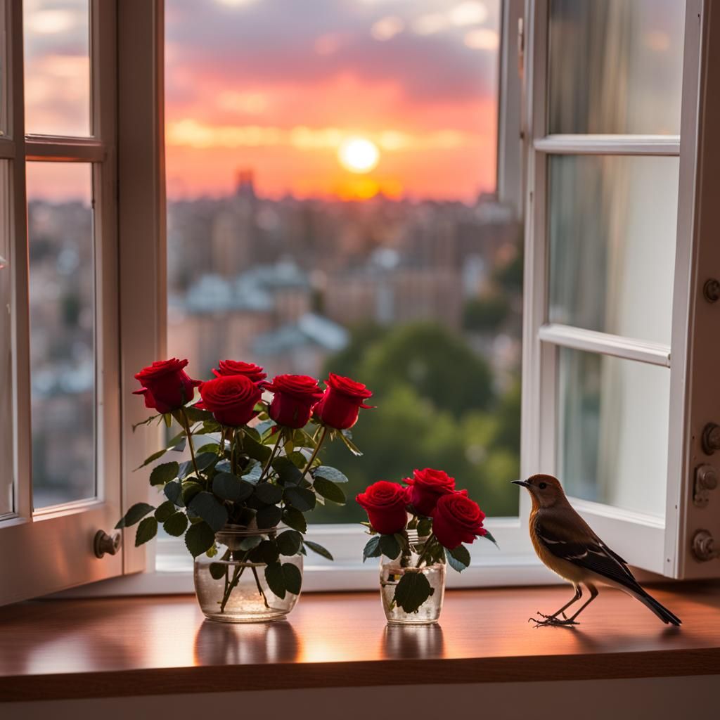 Romantic Sunset Scene with Open Windows and Red Roses