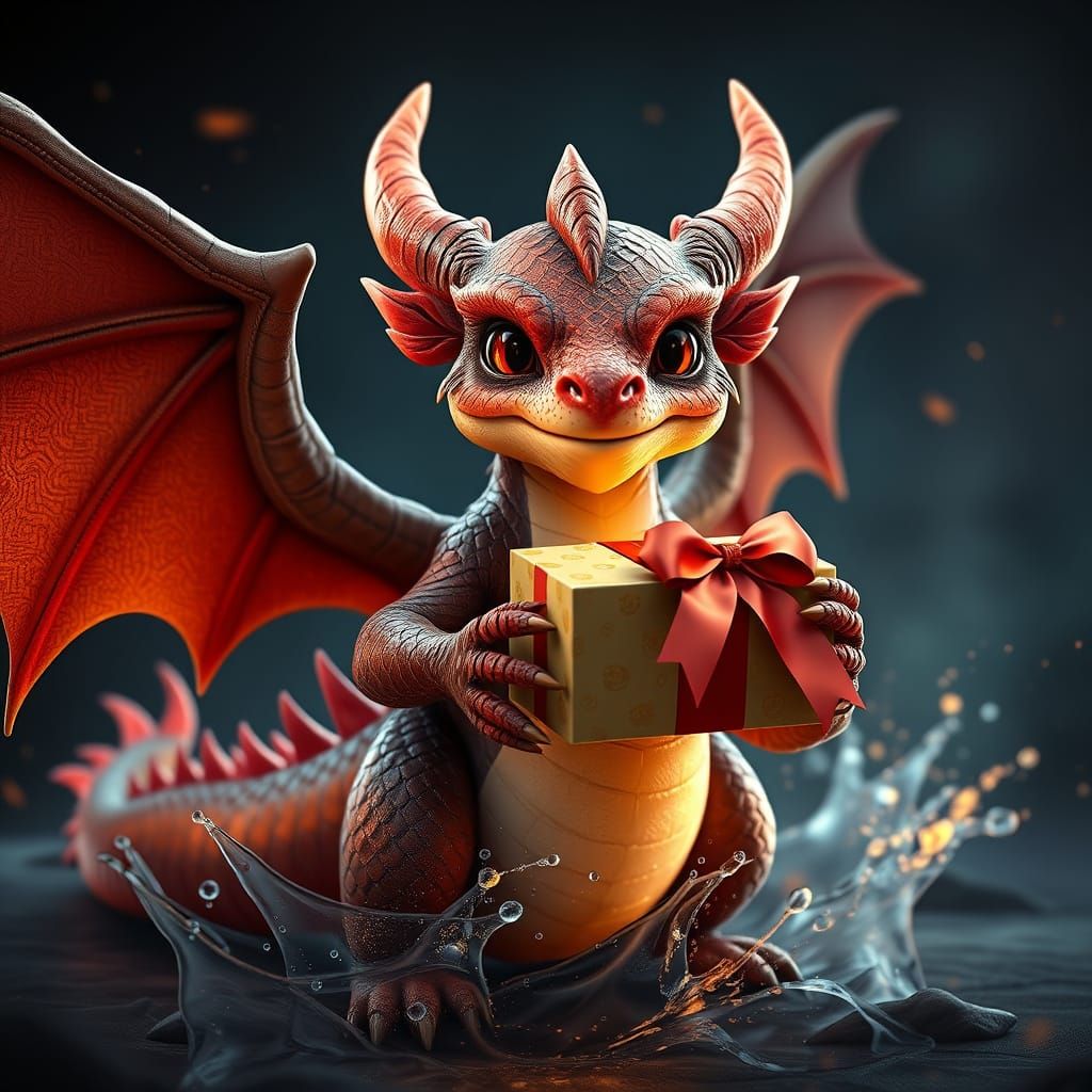 Baby Dragon Presents Gift in Detailed Fantasy Scene