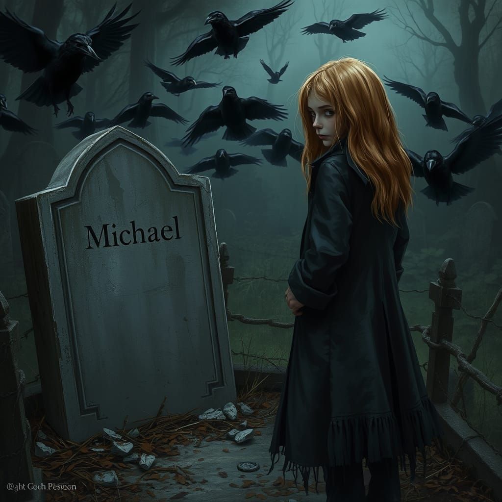 Girl Beside Michael's Weathered Grave in a Dark, Ominous Lan...