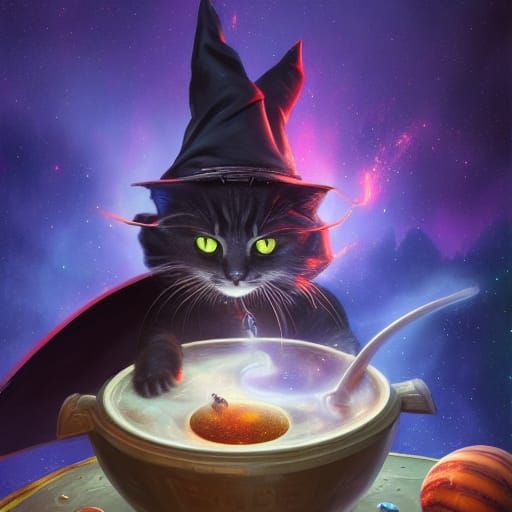 Galaxy Witch Cat Concocts Magic Soup in Celestial Cauldron