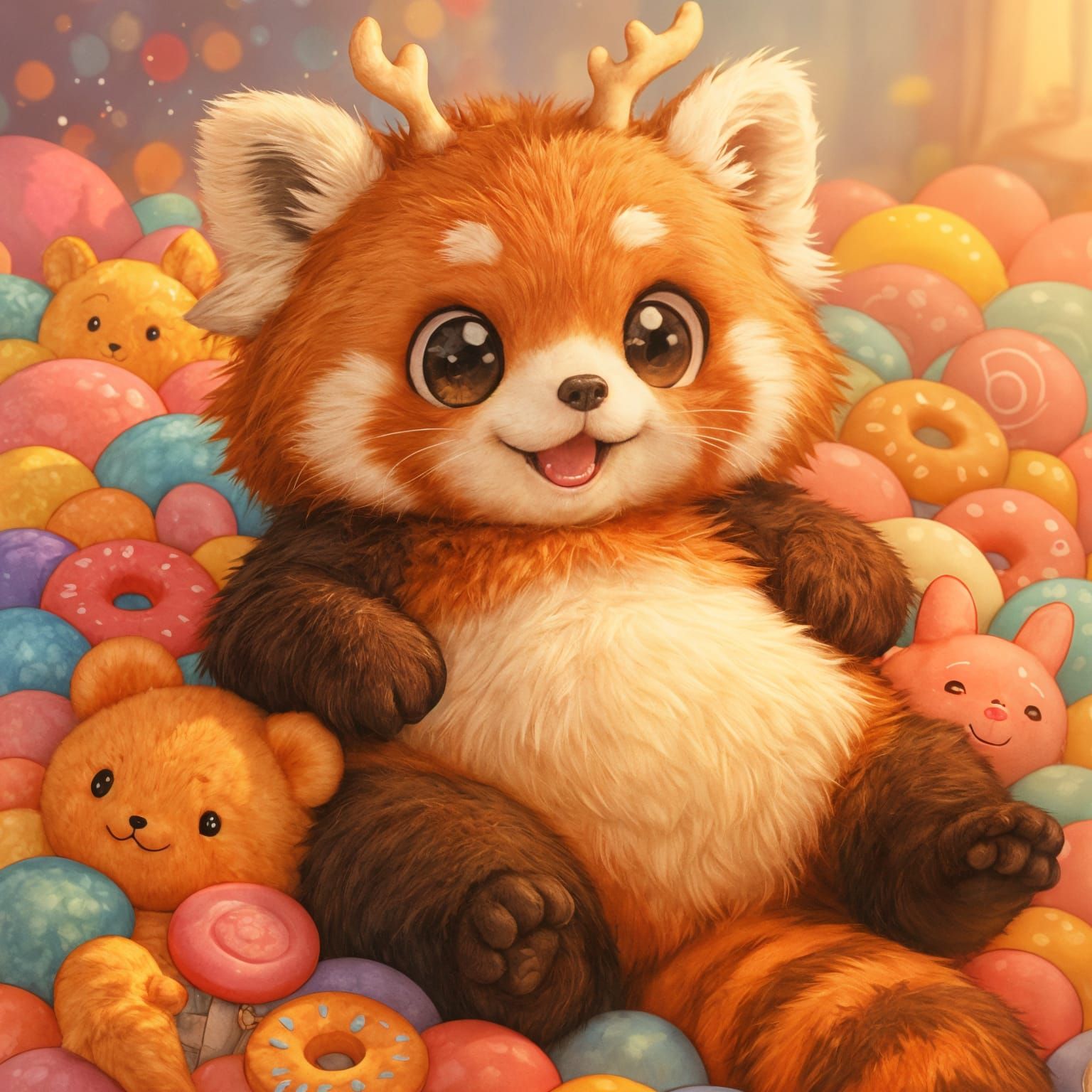 Cute Red Panda with Anime Eyes on Plushie Pile