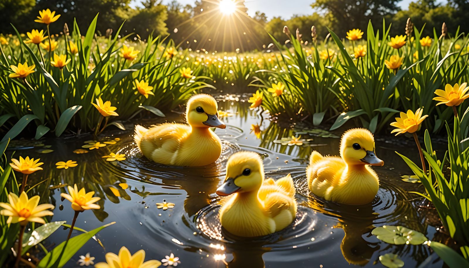 Joyful Morning Scene with Yellow Baby Ducks