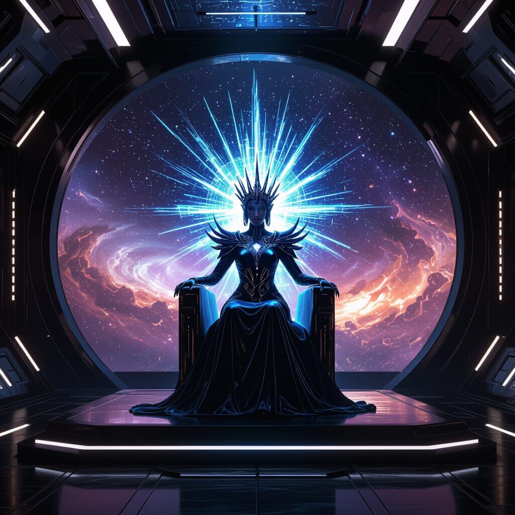 Futuristic Empress on Holographic Throne, Cosmic Energy Crow...