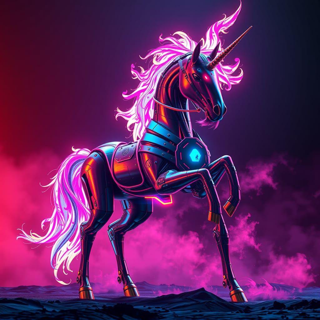 Elegant Cyberpunk Flame Unicorn with Neon Lights