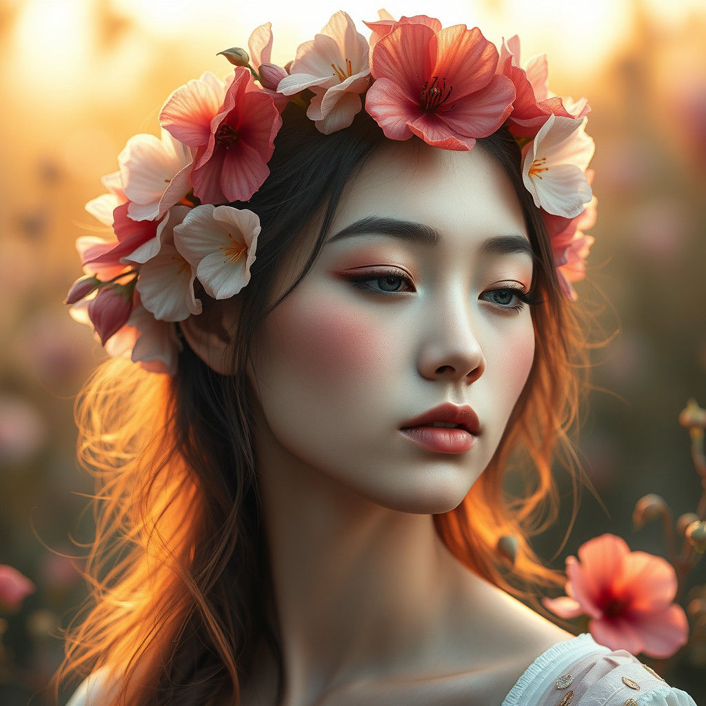 Surreal Goddess with Vibrant Floral Hair in Golden Light