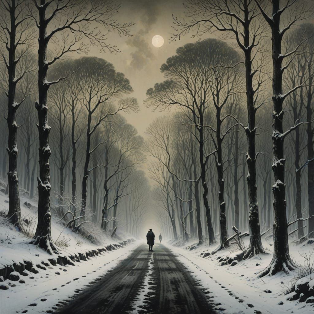 Monochrome Figure in Winter Forest Etching