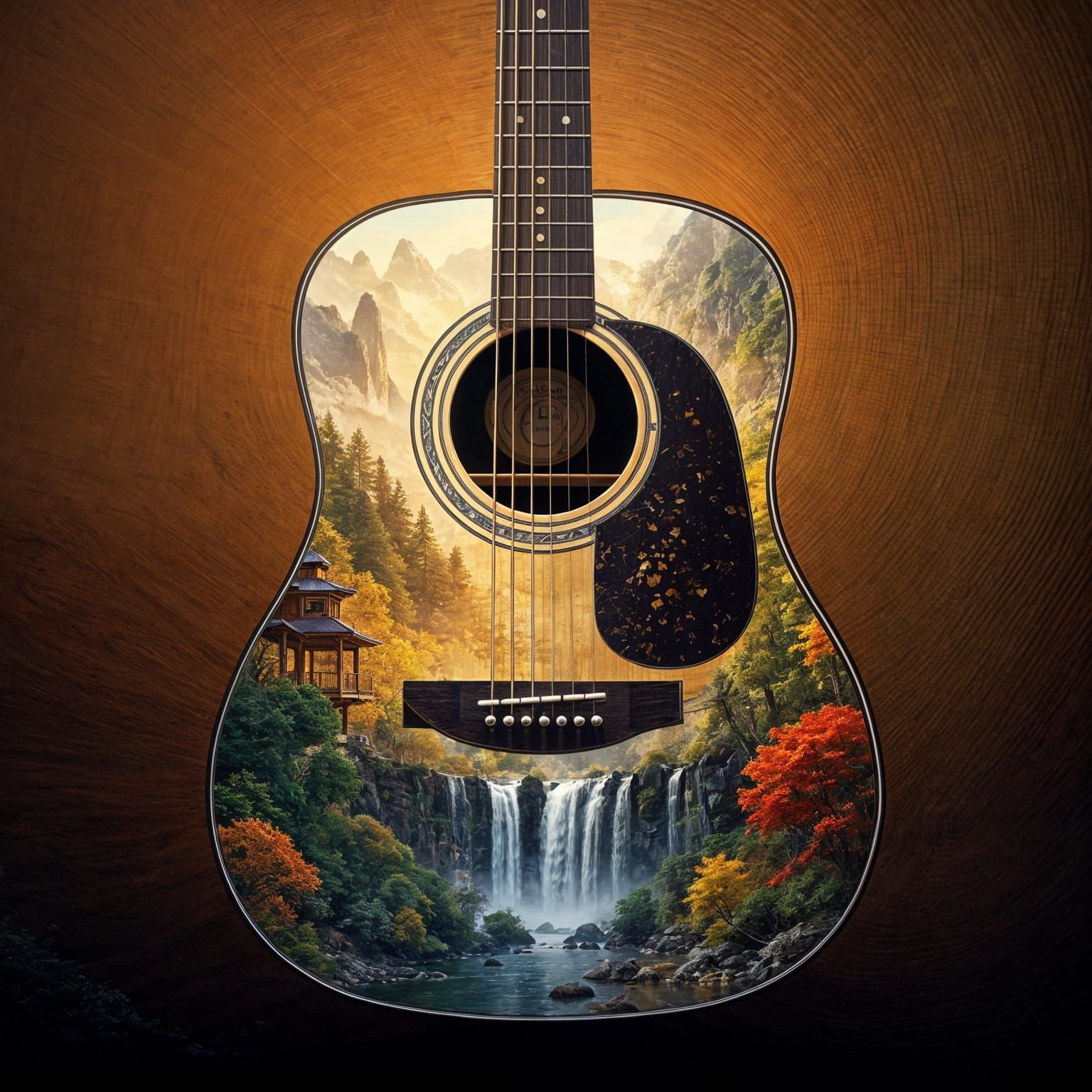 Acoustic Guitar Merges With Autumn Mountain Landscape