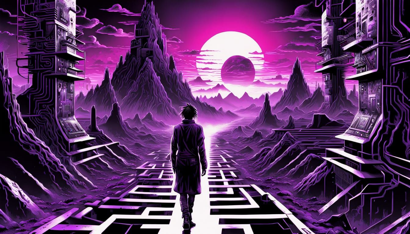 Glitchcore Wanderer in Post-Apocalyptic Landscape