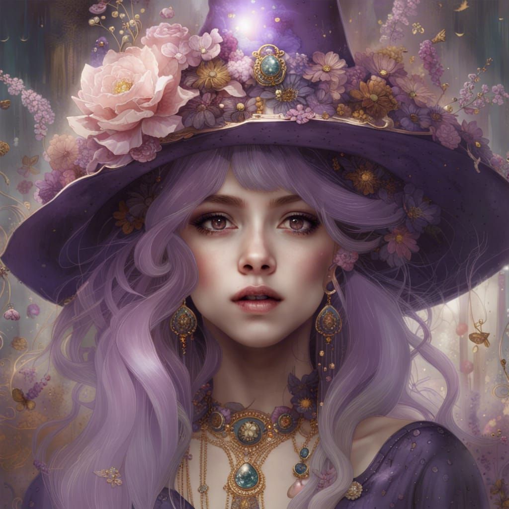 Hyperrealistic Magic Witch in Pastel Hues and Golden Jewels