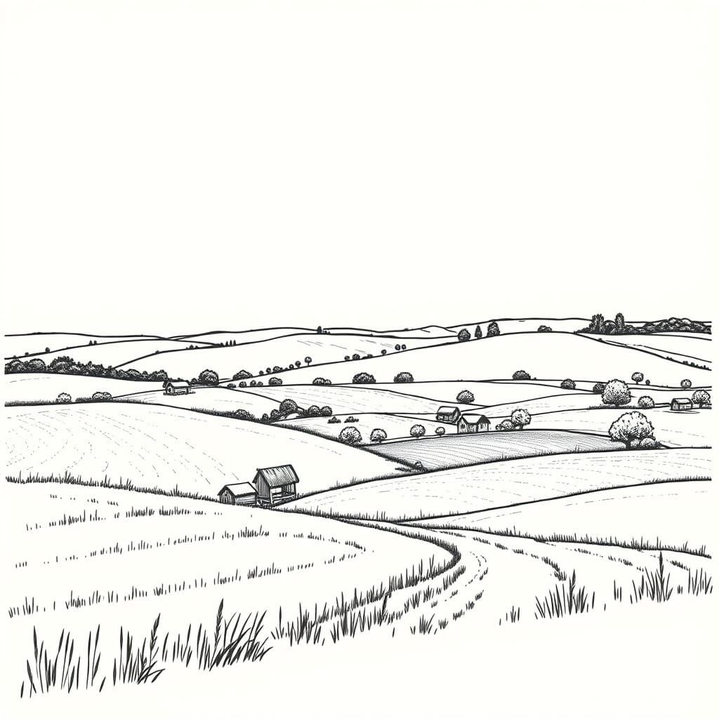 Rural Farmland Sketch in Black and White